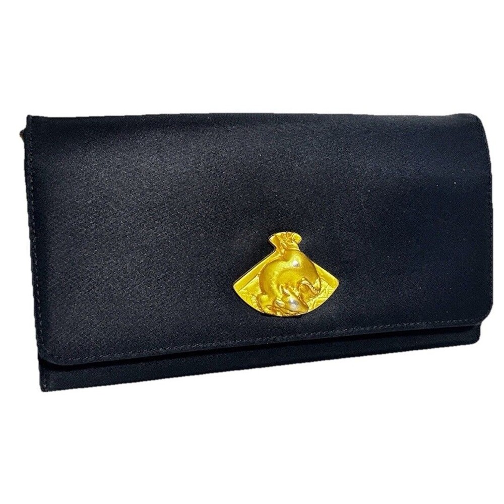 Vtg Stop Sac Béatrice Bongibault Black Wallet Clutch Purse w Gold Tone Emblem